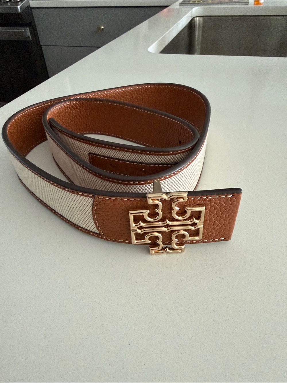 Tory Burch Tan & Cream Canvas Belt with Gold Logo Buckle
